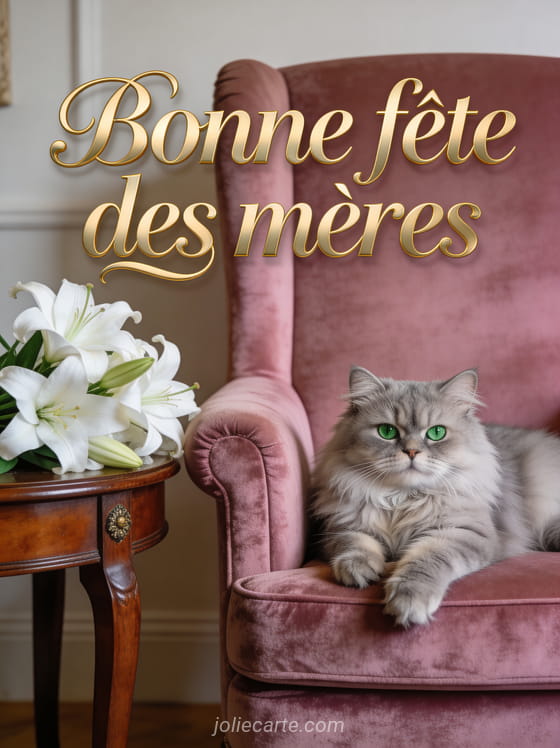 Chat persan gris aux yeux verts sur fauteuil velours rose avec bouquet de lys blancs texte Bonne fête des mères