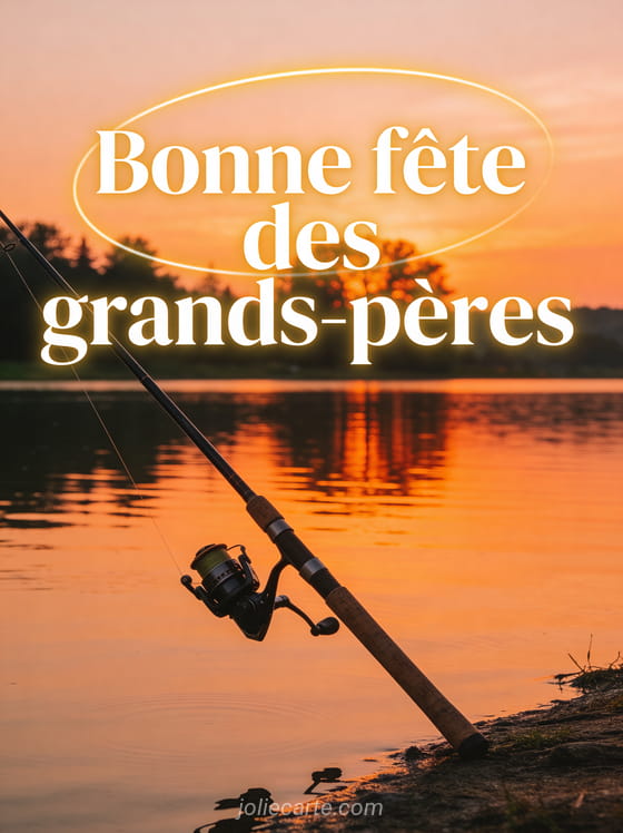 Canne à pêche au bord d'un lac au coucher du soleil avec reflets orangés et le texte Bonne fête des grands-pères
