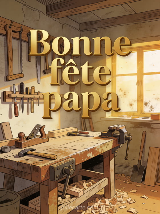 Atelier d'artisan avec outils en bois et établi patiné baigné de lumière dorée et le texte Bonne fête papa