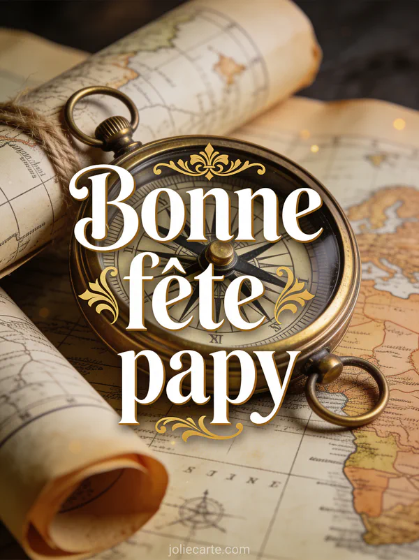 Boussole ancienne en laiton posée sur de vieilles cartes marines avec le texte Bonne fête papy en style vintage