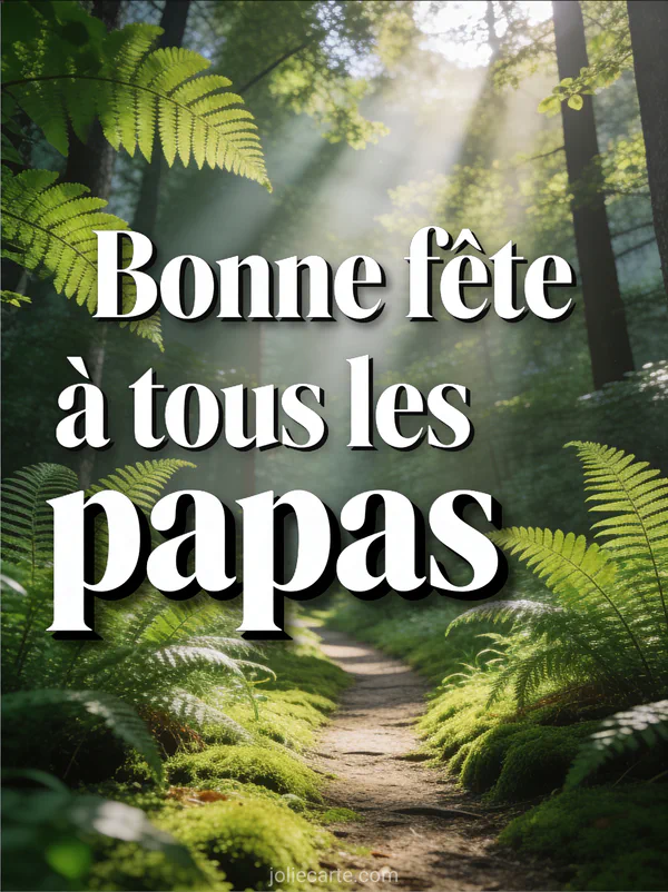 Sentier forestier au printemps avec rayons de soleil filtrant à travers la canopée et le texte Bonne fête à tous les papas