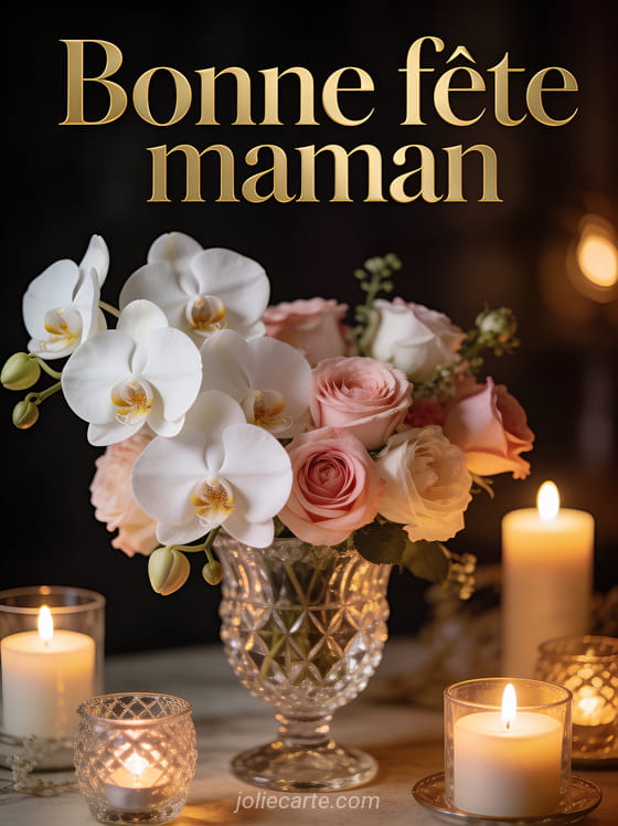Orchidées blanches et roses dans un vase en cristal avec bougies allumées texte Bonne fête maman