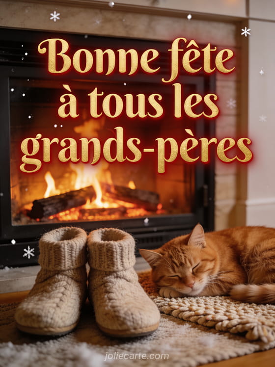 Cheminée allumée avec chaussons en laine et chat roux endormi sur le tapis avec le texte Bonne fête à tous les grands-pères