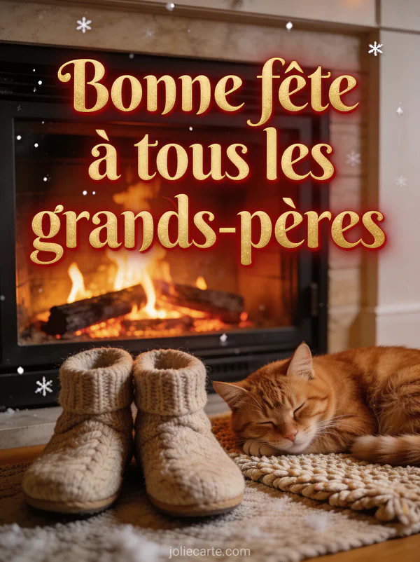 Cheminée allumée avec chaussons en laine et chat roux endormi sur le tapis avec le texte Bonne fête à tous les grands-pères