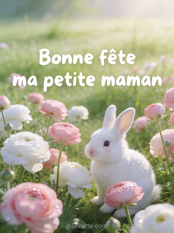 Petit lapin blanc dans un champ de renoncules roses et blanches avec rosée matinale texte Bonne fête maman