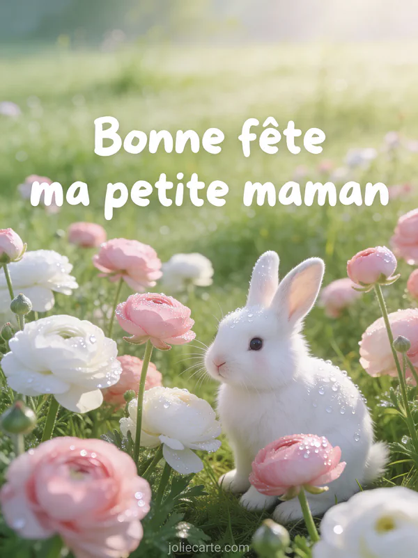 Petit lapin blanc dans un champ de renoncules roses et blanches avec rosée matinale texte Bonne fête maman
