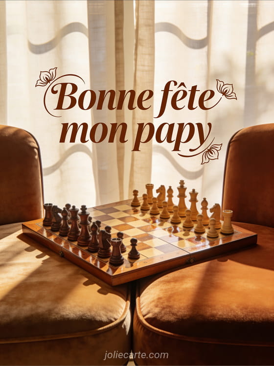 Échiquier en bois ciré entre deux fauteuils en velours dans une lumière dorée avec le texte Bonne fête mon papy