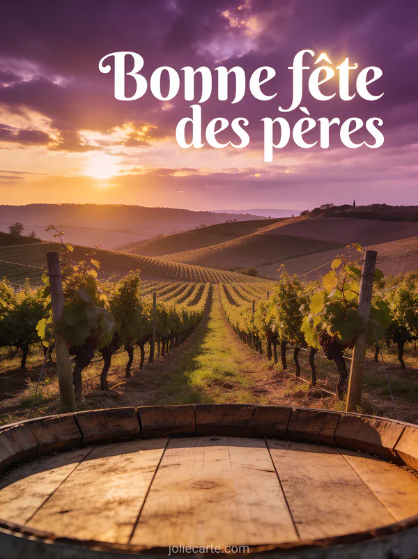 Vignoble au coucher du soleil avec collines ondulantes et tonneau en bois et le texte Bonne fête des pères