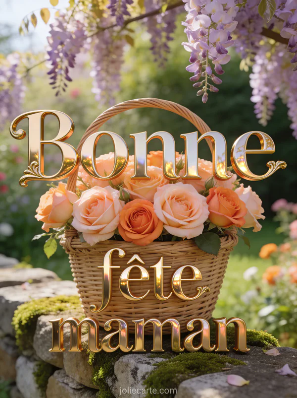 Panier en rotin de roses anglaises pêche et abricot sur muret de pierre avec glycine en arrière-plan