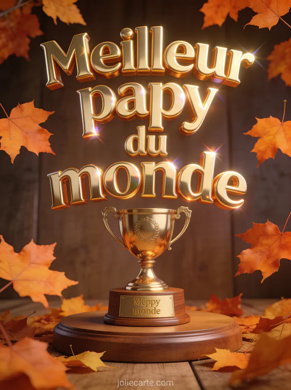 Trophée doré sur socle en bois entouré de feuilles d'érable orangées avec le texte Meilleur papy du monde