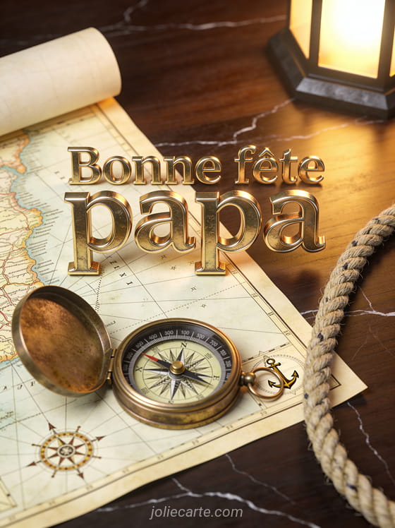Compas en laiton posé sur une carte marine vintage avec corde de marin et le texte Bonne fête papa