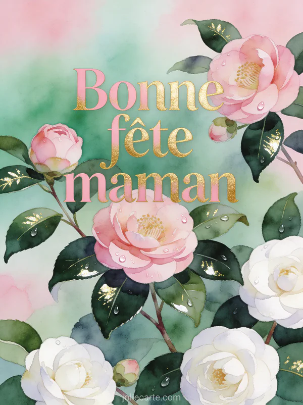Composition botanique de camélias roses et blancs avec rosée sur les pétales style aquarelle texte Bonne fête maman