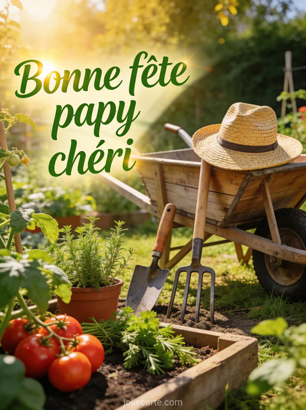 Potager luxuriant avec outils de jardinage et chapeau de paille sur une brouette avec le texte Bonne fête papy chéri