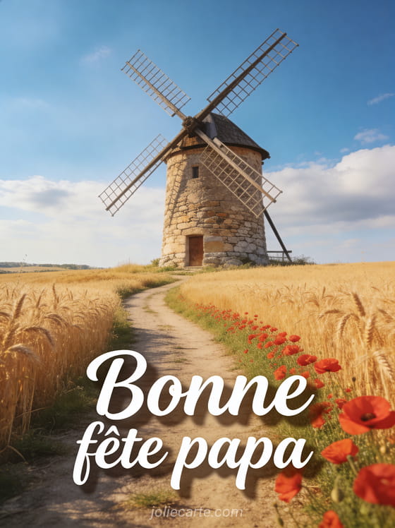Chemin de campagne menant à un moulin à vent en pierres avec champs de blé et coquelicots et le texte Bonne fête papa