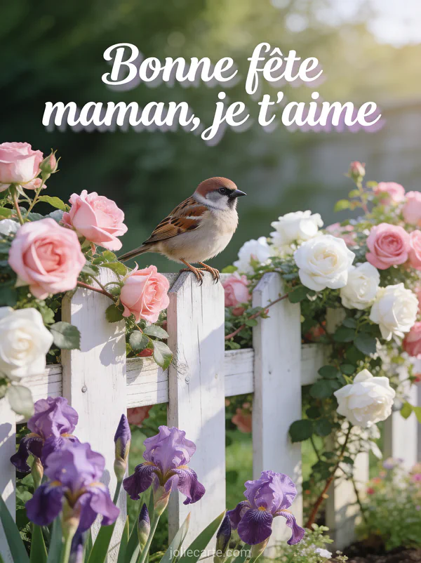 Moineau posé sur une clôture blanche avec rosiers grimpants roses et iris mauves texte Bonne fête maman