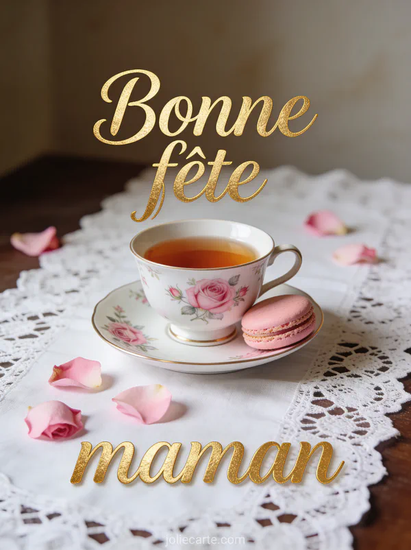 Tasse de thé en porcelaine fleurie avec macaron rose et pétales de rose sur dentelle texte Bonne fête maman