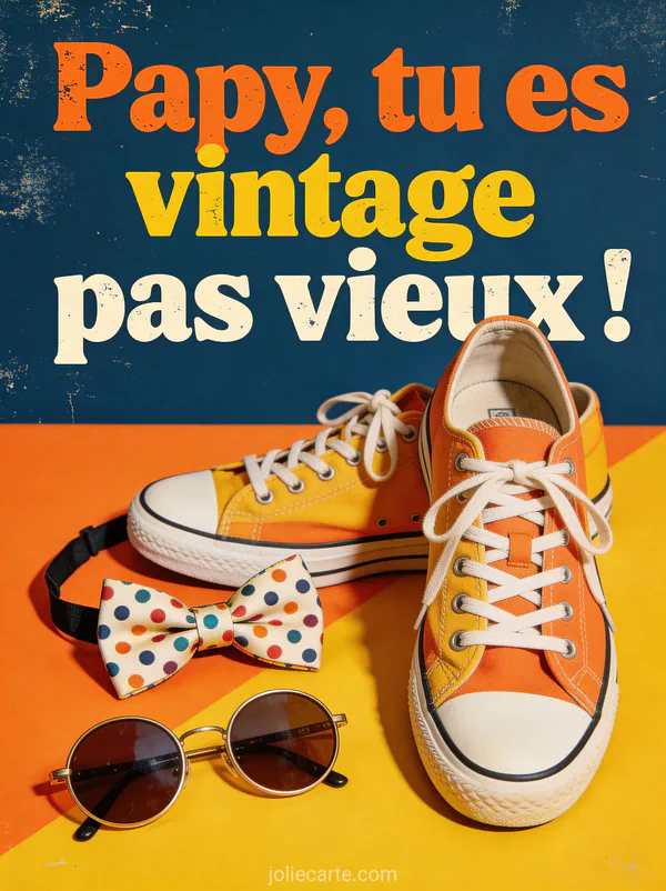 Baskets vintage avec nœud papillon à pois et lunettes de soleil rondes avec le texte Papy tu es vintage pas vieux