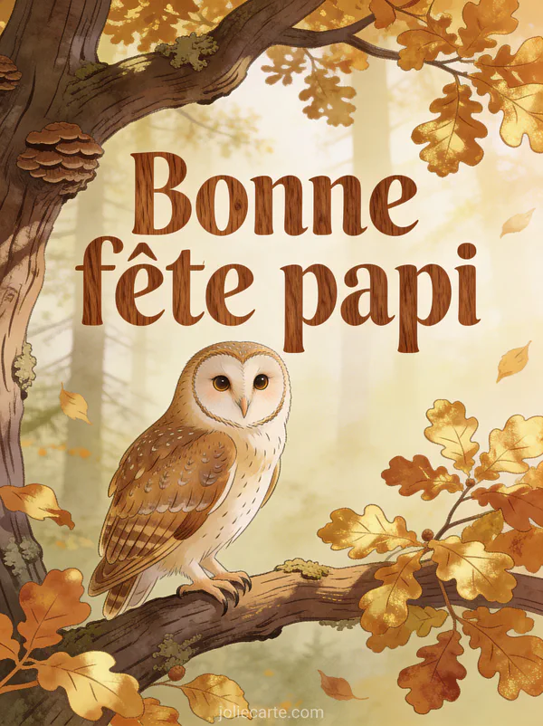 Hibou majestueux aux yeux doux perché sur une branche de chêne avec feuilles d'automne dorées et le texte Bonne fête papi