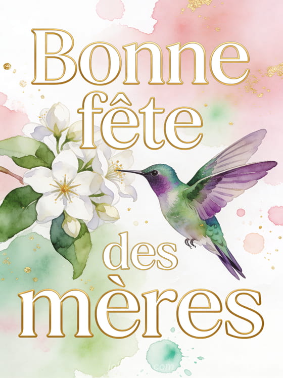Colibri iridescent vert et violet butinant des fleurs de jasmin blanc illustration aquarelle fête des mères