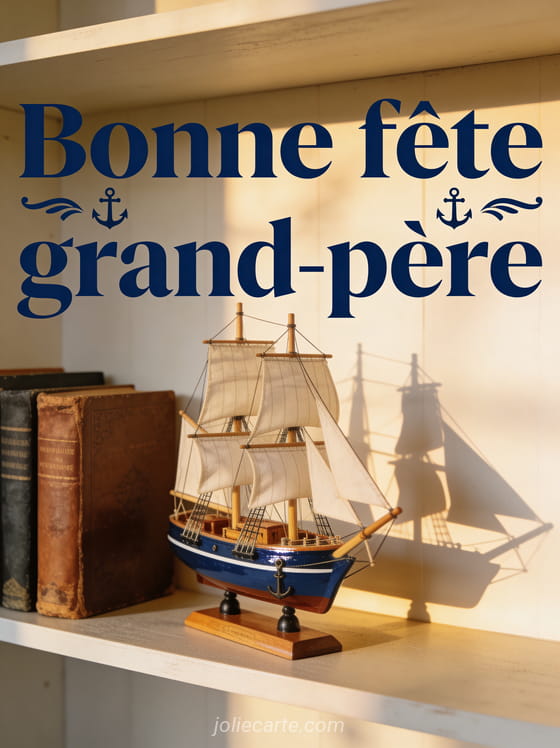 Maquette de voilier en bois vernis sur une étagère avec de vieux livres et le texte Bonne fête grand-père