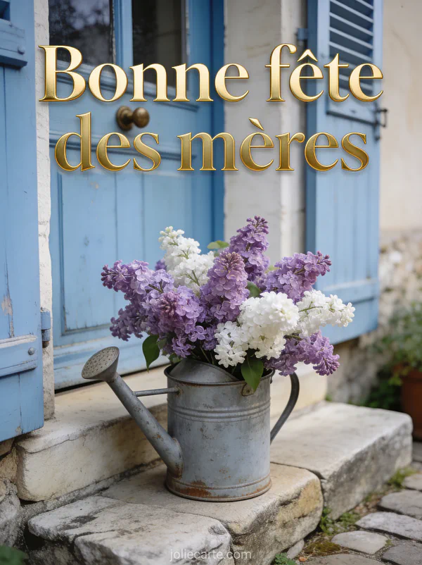 Bouquet de lilas violet et blanc dans un arrosoir en zinc patiné devant une porte de maison ancienne bleue