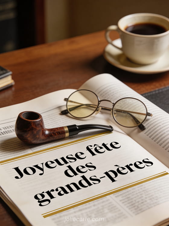 Pipe en bruyère et lunettes rondes posées sur un journal ouvert avec café en arrière-plan et le texte Joyeuse fête des grands-pères