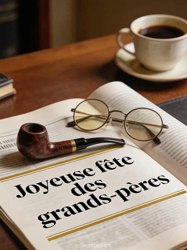 Pipe en bruyère et lunettes rondes posées sur un journal ouvert avec café en arrière-plan et le texte Joyeuse fête des grands-pères