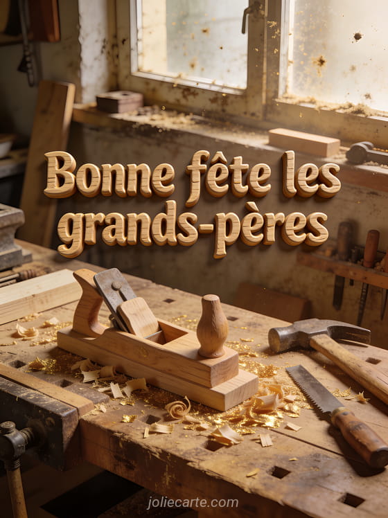 Atelier de menuiserie avec outils en bois anciens et copeaux dorés sur l'établi avec le texte Bonne fête les grands-pères