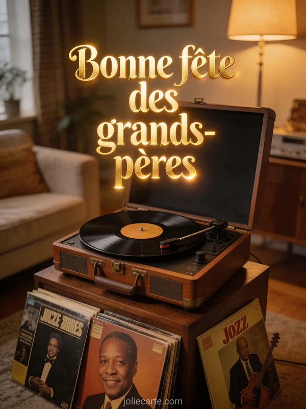 Tourne-disque vintage en bois avec vinyle et pochettes de jazz dans une lumière tamisée avec le texte Bonne fête des grands-pères