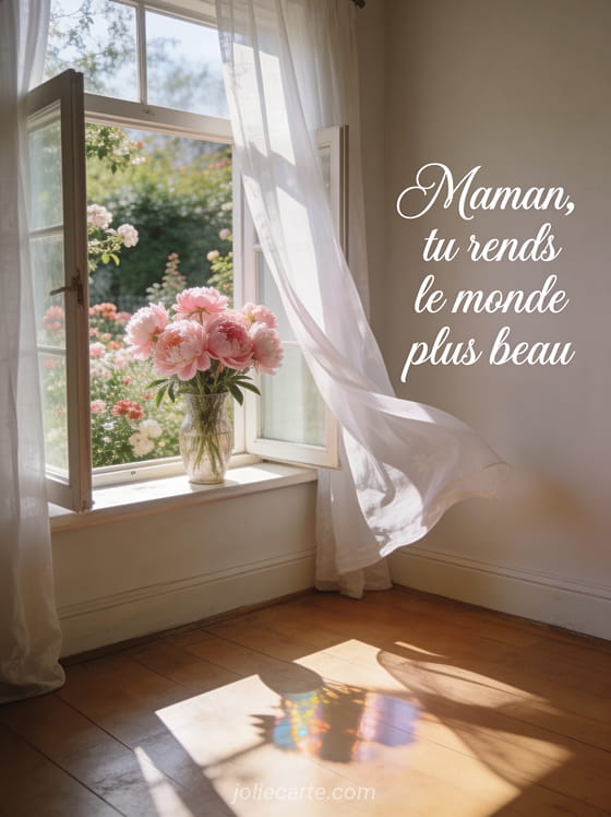 Fenêtre ouverte sur jardin fleuri avec vase de pivoines roses et voilages blancs texte pour maman