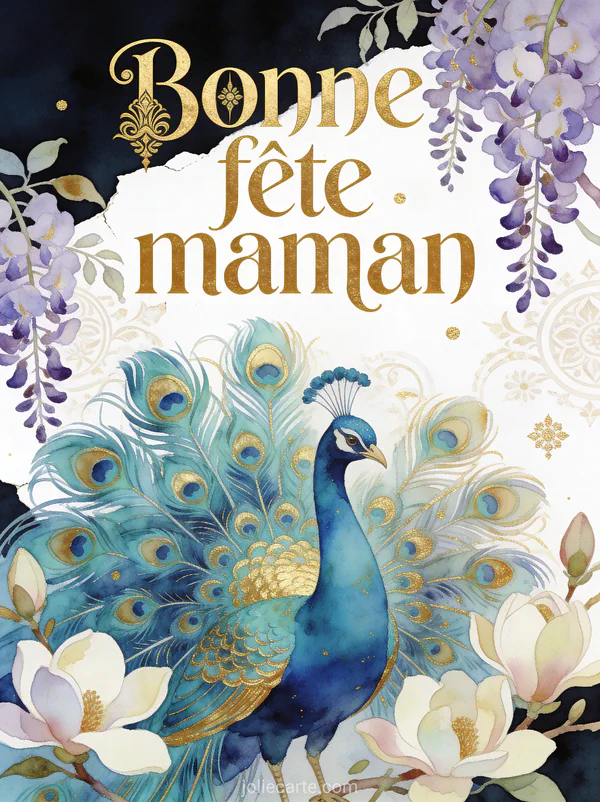 Paon aux plumes bleu turquoise et or entouré de glycine et magnolias style art nouveau fête des mères