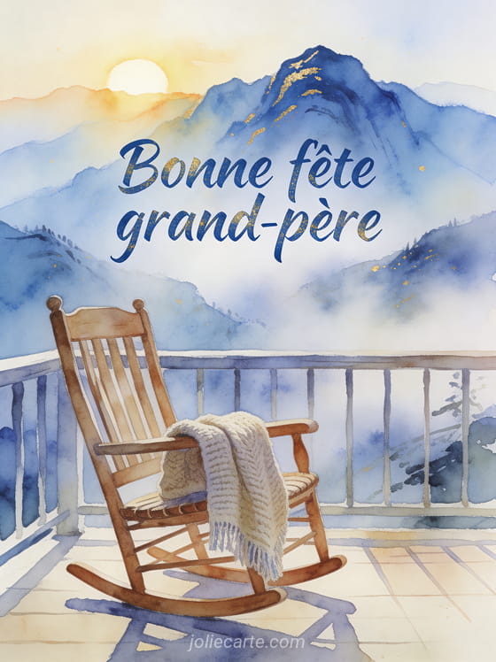 Rocking-chair en bois sur une terrasse face aux montagnes brumeuses avec plaid en laine et le texte Bonne fête grand-père