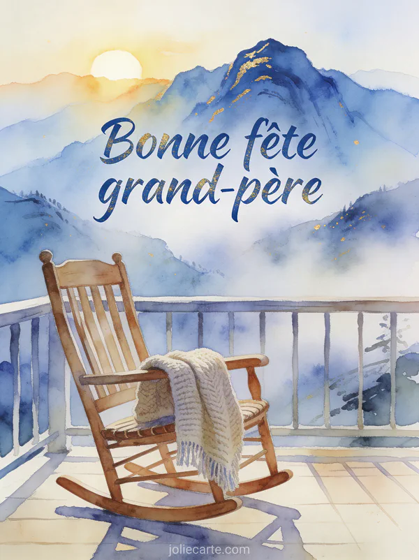 Rocking-chair en bois sur une terrasse face aux montagnes brumeuses avec plaid en laine et le texte Bonne fête grand-père