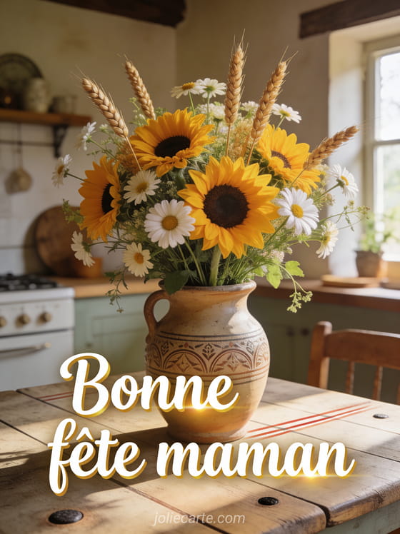 Bouquet champêtre de tournesols marguerites et épis de blé dans un vase en grès sur table rustique