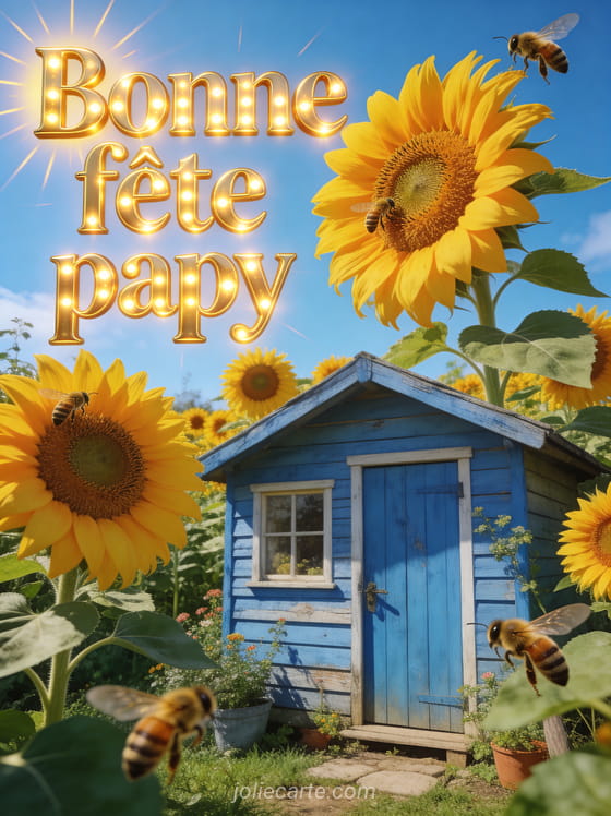 Cabanon de jardin bleu entouré de tournesols géants sous un ciel d'été avec le texte Bonne fête papy