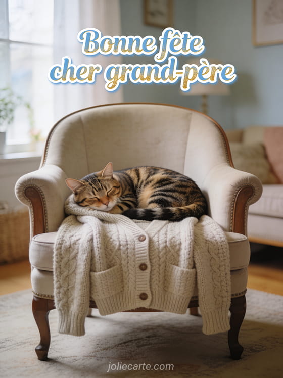 Chat tigré endormi sur un cardigan en laine sur un fauteuil bergère avec le texte Bonne fête cher grand-père