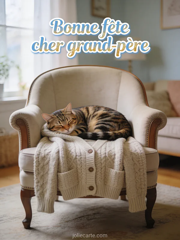 Chat tigré endormi sur un cardigan en laine sur un fauteuil bergère avec le texte Bonne fête cher grand-père