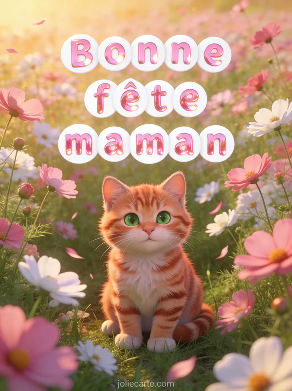 Chaton roux tigré aux yeux verts assis dans un champ de cosmos roses et blancs au coucher du soleil