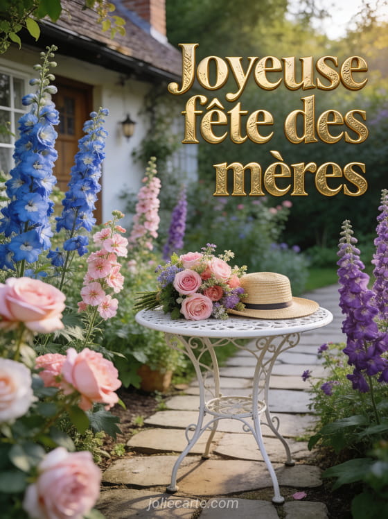 Jardin de cottage anglais avec delphiniums roses trémières digitale et table en fer forgé blanc