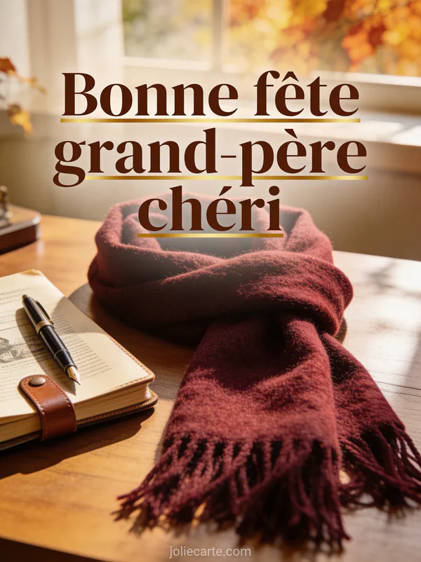 Écharpe bordeaux sur un bureau en bois avec journal relié en cuir et stylo plume avec le texte Bonne fête grand-père chéri