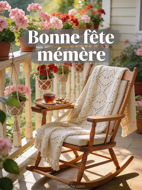 Fauteuil à bascule avec plaid crochet sur véranda fleurie de géraniums et plateau de tisane biscuits