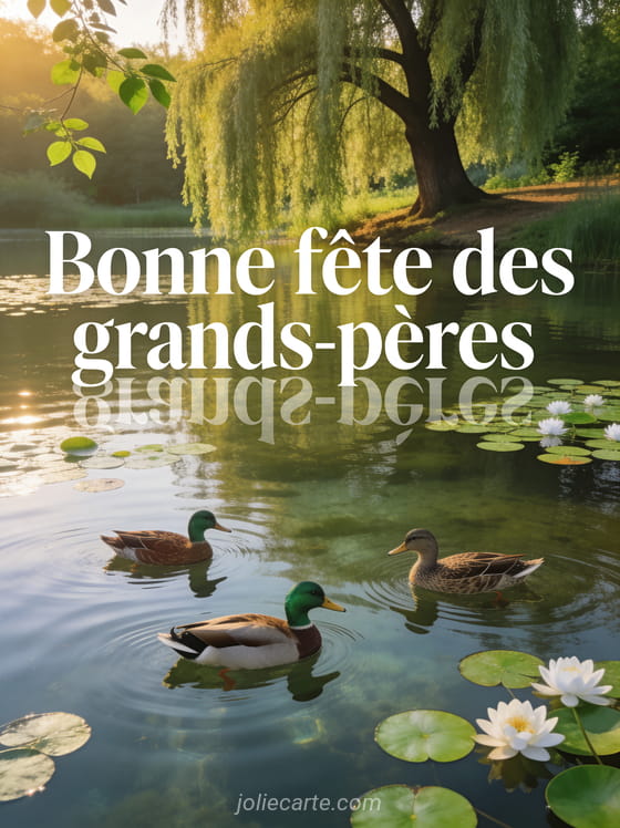 Étang paisible avec canards colvert et saule pleureur dans une lumière dorée avec le texte Bonne fête des grands-pères