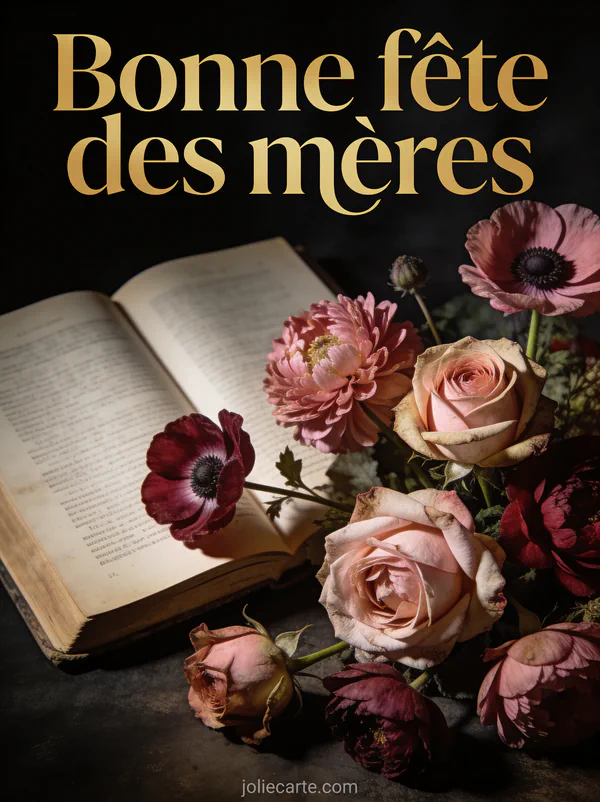 Nature morte avec roses anciennes pivoines et anémones dans des tons bordeaux avec livre ancien style Vermeer