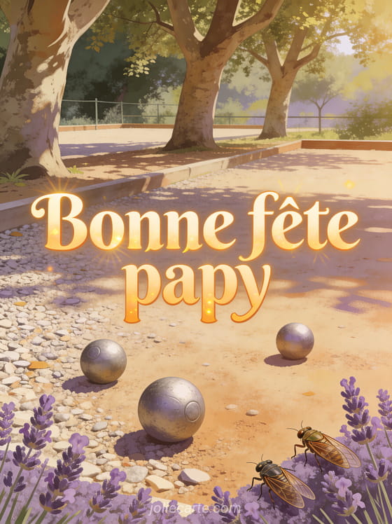 Boules de pétanque sur terrain de gravier sous des platanes avec lavande en bordure et le texte Bonne fête papy