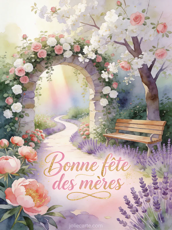 Jardin secret aquarelle avec arche de roses grimpantes chemin bordé de pivoines et lavande banc sous arbre