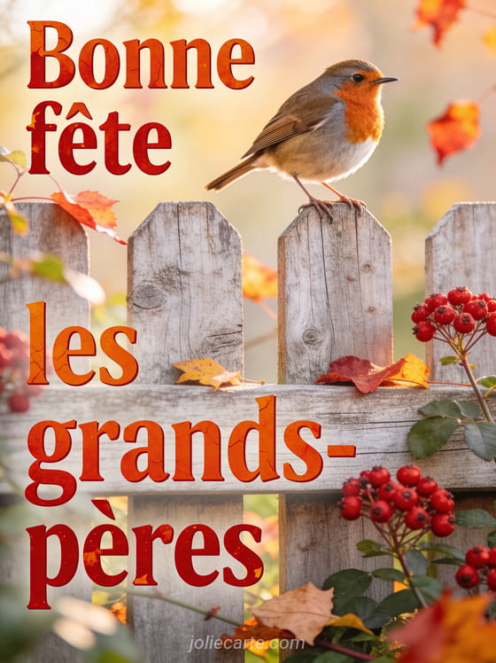Rouge-gorge posé sur une clôture de jardin en bois avec cynorrhodons et feuilles d'automne et le texte Bonne fête les grands-pères