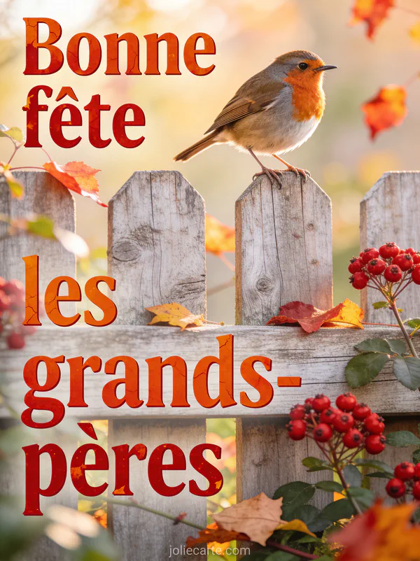 Rouge-gorge posé sur une clôture de jardin en bois avec cynorrhodons et feuilles d'automne et le texte Bonne fête les grands-pères