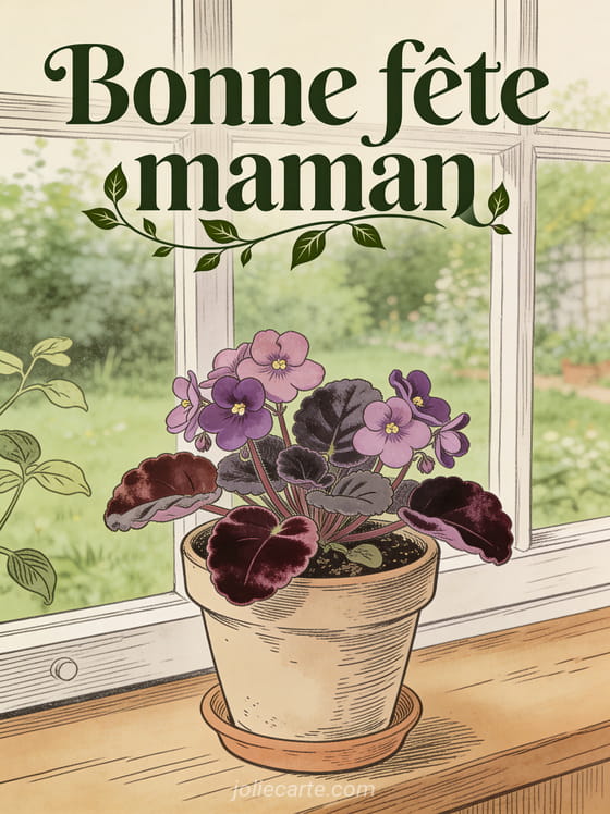 Illustration botanique vintage de violettes africaines mauves en pot sur rebord de fenêtre vue sur jardin