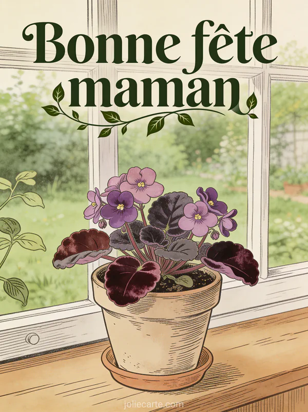 Illustration botanique vintage de violettes africaines mauves en pot sur rebord de fenêtre vue sur jardin