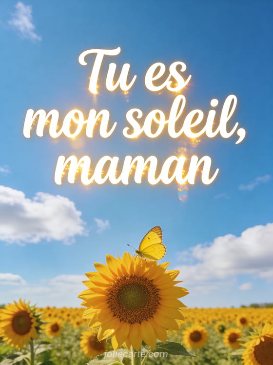 Champ de tournesols en pleine floraison sous ciel bleu avec papillon jaune texte Tu es mon soleil maman